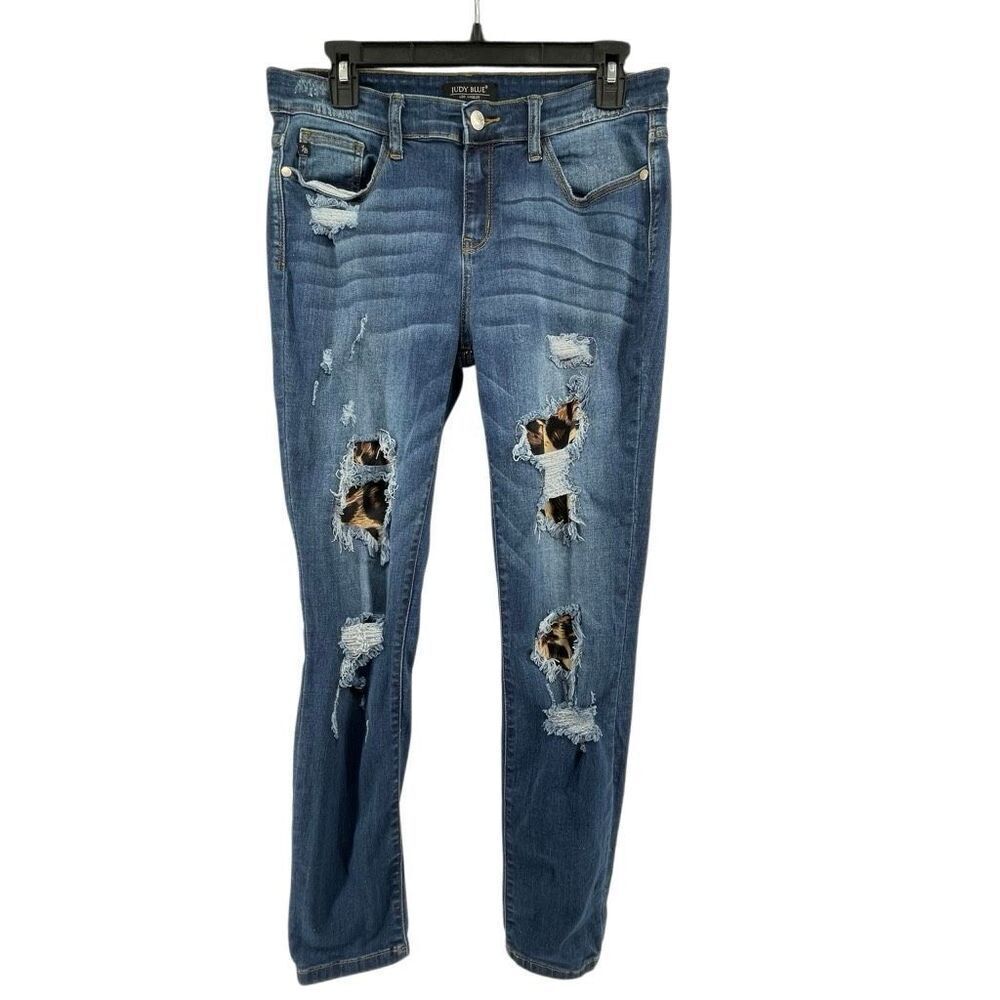 Judy Blue Leopard Patch Skinny Jeans Mid Rise Distressed Stretch Denim 11/30 - Picture 2 of 14
